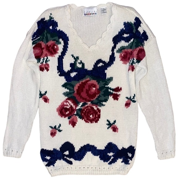 Vintage Floral Chunky Knit Cottagecore Coastal Grandma Loose Knit 80s Sweater - Picture 1 of 12